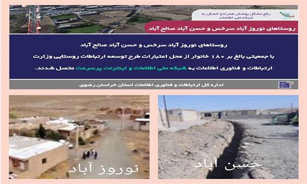 رفع مشکل پوشش همراه، و اتصال بیش از 180 خانوار روستایی شهرستان های سرخس و صالح آباد به شبکه ملی اطلاعات و اینترنت پرسرعت